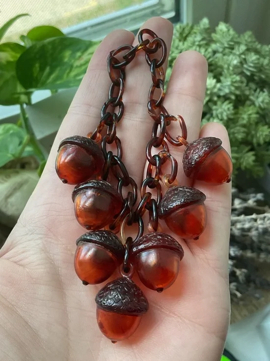 Vintage Antique Celluloid Acorn Charms Link Faux Tortoise Shell Bracelet - Picture 6 of 9